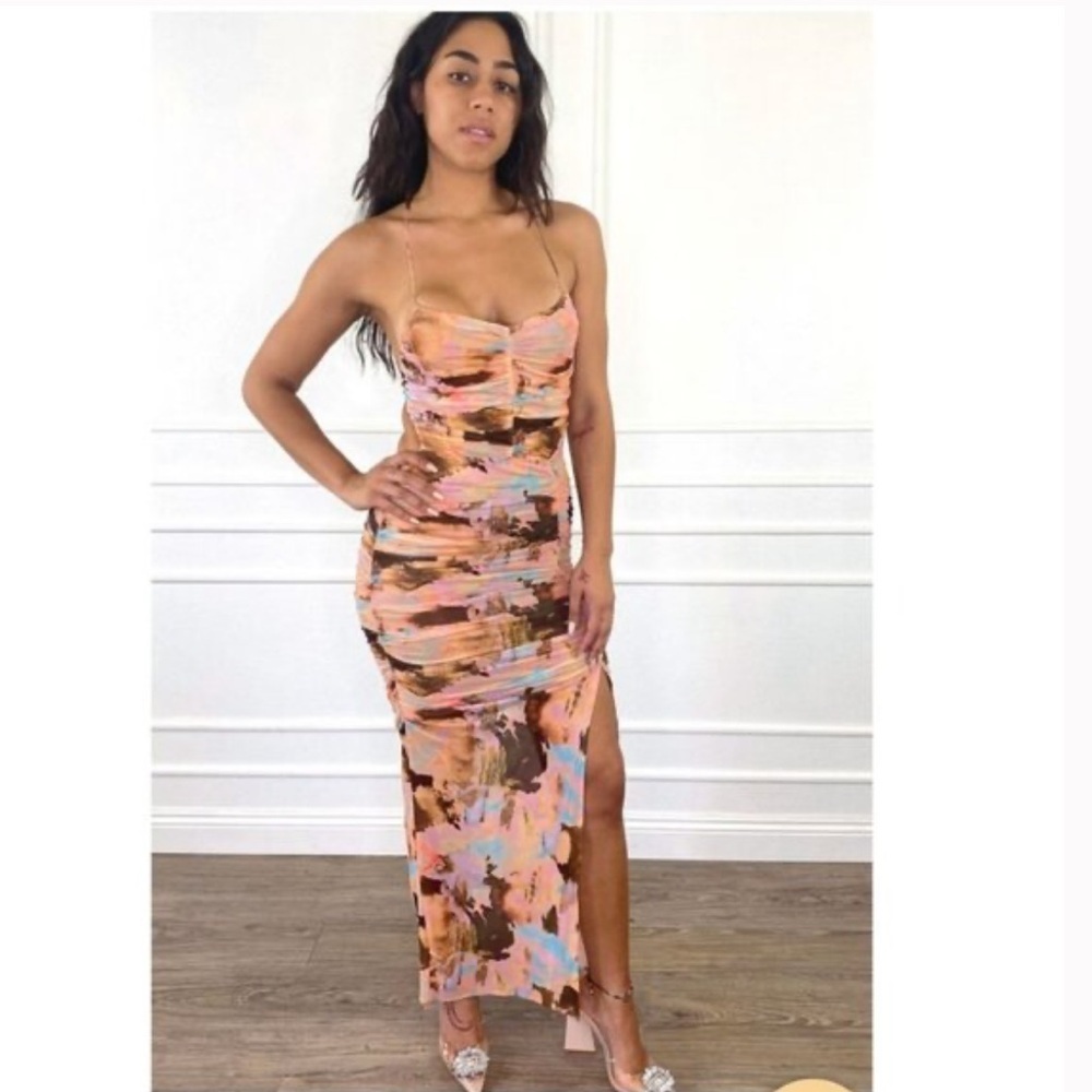 Y2k ruched Elegant Cream and Orange Spaghetti Strap Maxi Dress front slit acacia - Picture 2 of 16